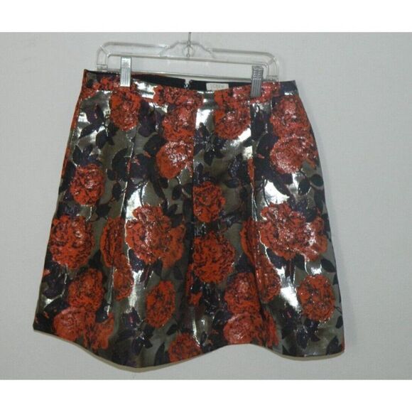 J. Crew Mini Skirt Red Silver Metallic Floral Print Pleated A-Lined Size 2 - Picture 3 of 9